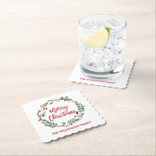 Dessous-de-verre En Papier Brosse rouge Script Aquarelle Wreath Joyeux Noël