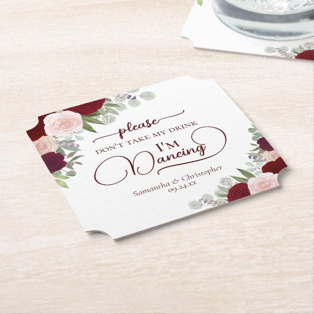 Dessous-de-verre En Papier Burgundy Blush Roses ne prennent pas mon Mariage d (Incliné)