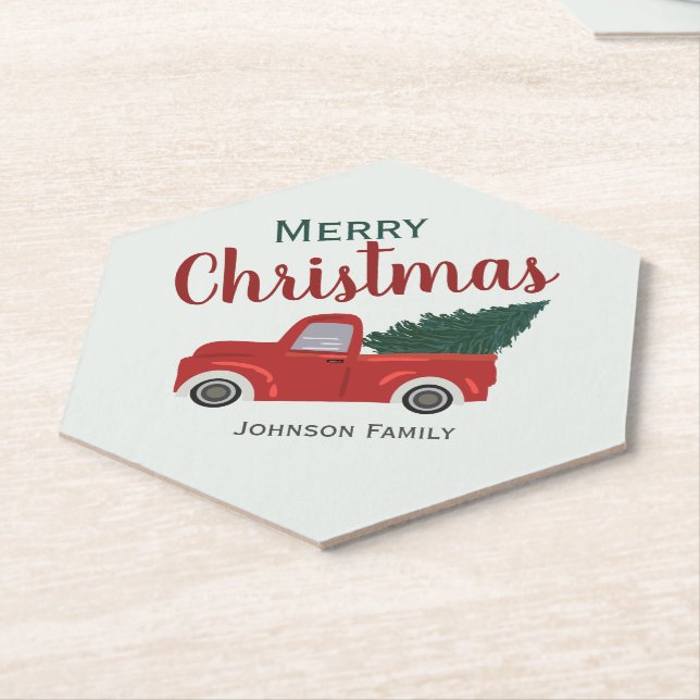 Dessous-de-verre En Papier Camion rouge sapin de Noël personnalisation Dessou (Incliné)