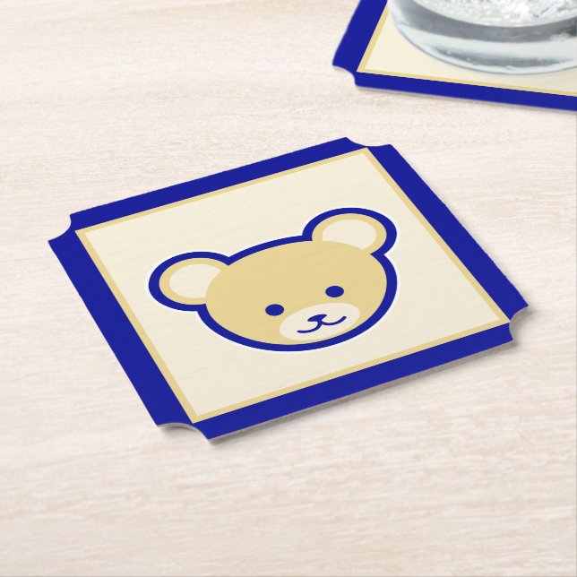 Dessous-de-verre En Papier Carton Bleu Beige Teddy Ours Mignonne Drôle (Incliné)