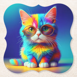 Dessous-de-verre En Papier Chat Arc-en-Ciel avec Lunettes Portrait-47567