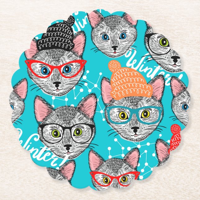 Dessous-de-verre En Papier Chat dans le casquette (Devant)