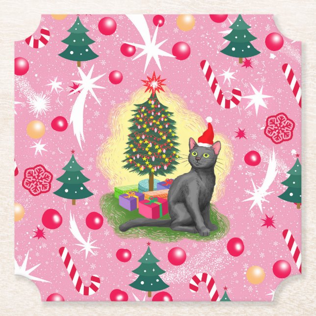 Dessous-de-verre En Papier Chat de Noël rose (Devant)