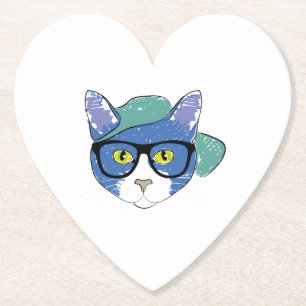 DESSOUS-DE-VERRE EN PAPIER CHAT JAUNE EN VERRE NOIR ET CASQUETTE VERT