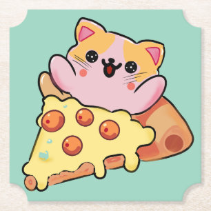 Dessous-de-verre En Papier Chat Mignon Enlaçant une Pizza au Pepperoni de Des