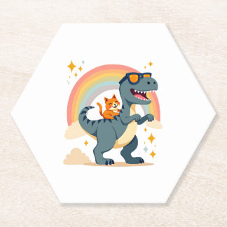 Dessous-de-verre En Papier Chat qui monte un dinosaure T-Rex Kitten Arc-en-ci
