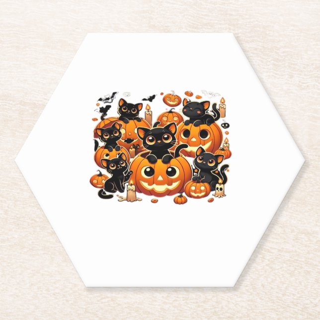 Dessous-de-verre En Papier Chats noirs mignons en Citrouille Halloween Night  (Devant)