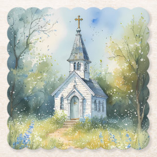 Dessous-de-verre En Papier Chemin rustique d'église dans une prairie de fleur