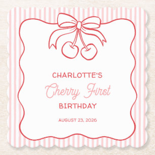 Dessous-de-verre En Papier "Cherry First" Birthday Pink Stripe Bow Girl