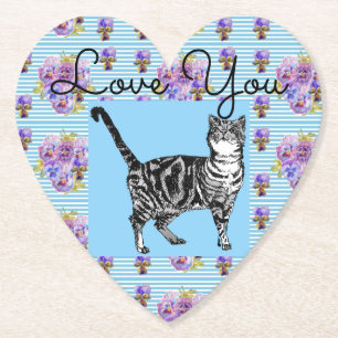 Dessous-de-verre En Papier Chic Bleu Shabby Tabby Chat Amour Coeur