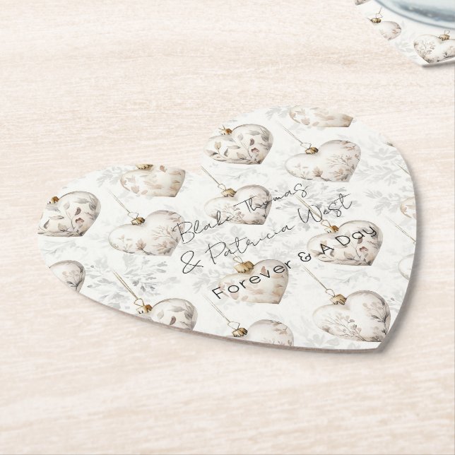 Dessous-de-verre En Papier Chic Cream Grey Hearts Ornaments Wedding (Incliné)