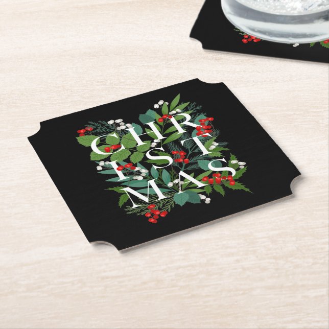 Dessous-de-verre En Papier CHRISTMAS Greenery Berries Holiday Black (Incliné)