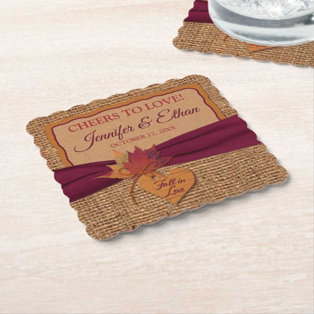 Dessous-de-verre En Papier Chute d'amour, Feuilles d'automne, Mariage Burlap (Incliné)