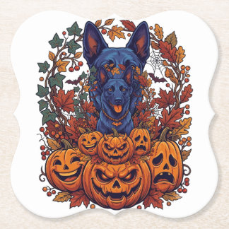 Dessous-de-verre En Papier Citrouilles d'Halloween Pitbull Bleu Feuilles d'Au