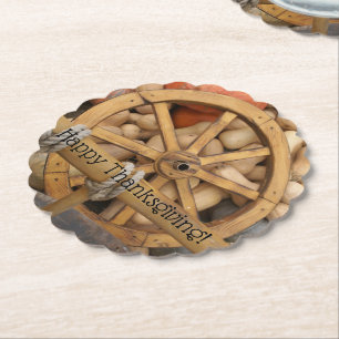 Dessous-de-verre En Papier Citrouilles et Roue de la charrette rurale en bois