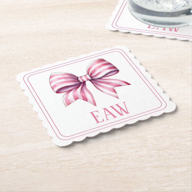 Dessous-de-verre En Papier Coastal Pink and White Watercolor Bow Monogram (Incliné)