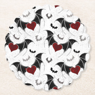 Dessous-de-verre En Papier Coeur d'Halloween avec ailes de chauve-souris noir