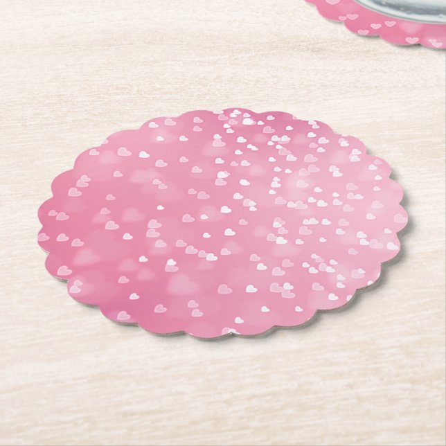 Dessous-de-verre En Papier Cœurs blancs roses Anniversaire (Incliné)