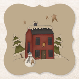 Dessous-de-verre En Papier Colonial Rouge Primitif Avec Snowman