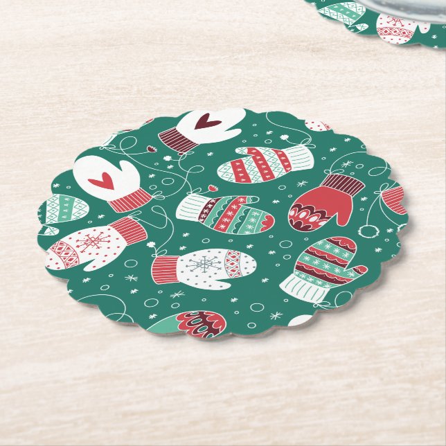Dessous-de-verre En Papier Cosy hiver Noël Mittens Motif en vert (Incliné)