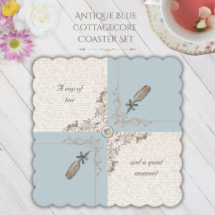 Dessous-de-verre En Papier Cottagecore Élégant Fleurs Antiques Bleu Plume