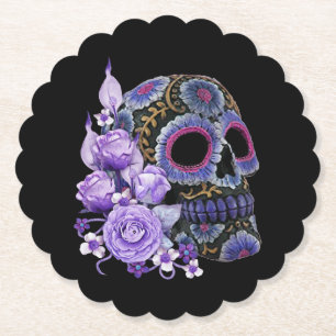Dessous-de-verre En Papier Crâne de sucre noir violet Floral Jour des morts
