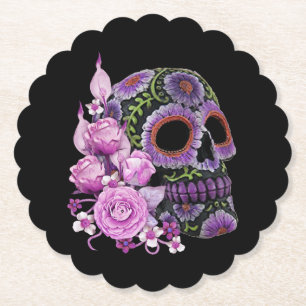 Dessous-de-verre En Papier Crâne de sucre rose floral noir Jour des morts