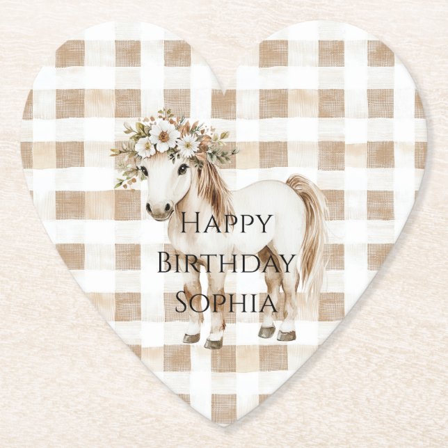 Dessous-de-verre En Papier Cream White Plaid Stripes Horse Birthday (Devant)