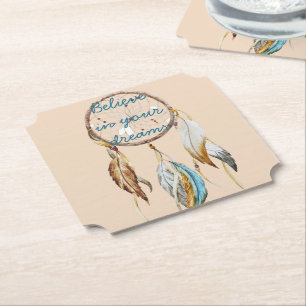 Dessous-de-verre En Papier Crème Brown Turquoise Plumes Blanches Dream Catche