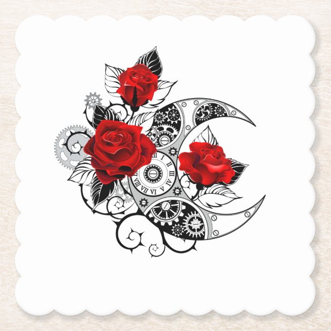 Dessous-de-verre En Papier Croissant mécanique avec roses rouges (Devant)