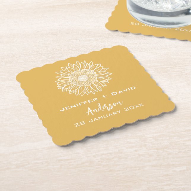Dessous-de-verre En Papier Croquis de tournesol jaune Mariage personnalisé (Incliné)