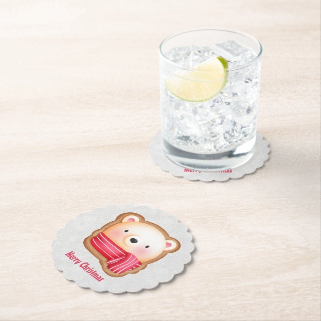 Dessous-de-verre En Papier Cute Bear Face Red Scarf et Rosy Cheeks Christmas (En situation)