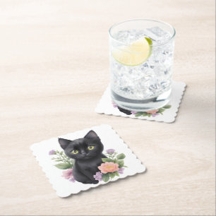 Dessous-de-verre En Papier Cute Black Chat Floral Whimsical