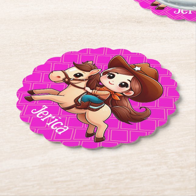Dessous-de-verre En Papier Cute Cowgirl et Cheval Western Rose (Incliné)