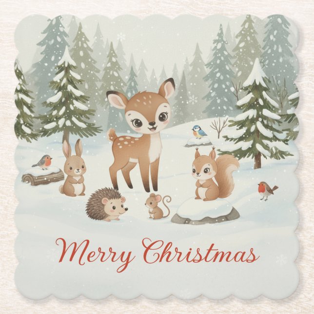 Dessous-de-verre En Papier Cute Deer and Woodland Animals Merry Christmas (Devant)