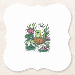 Dessous-de-verre En Papier Cute Frog Riding Turtle Pond Vintage Vector Art_1