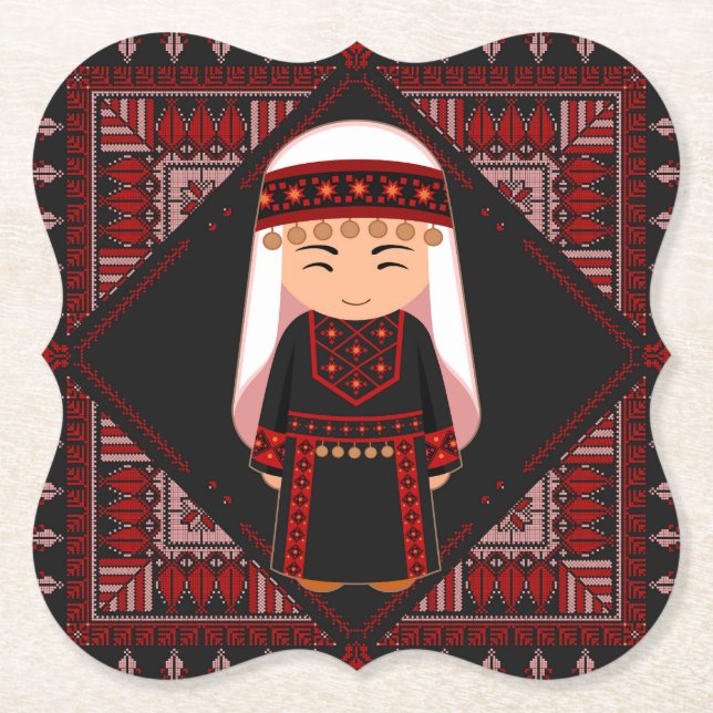 Dessous-de-verre En Papier cute Palestinian girl Embroidery red tatreez   (Devant)