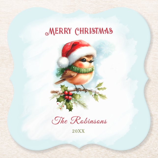 Dessous-de-verre En Papier Cute Robin À Santa Hat Noël Classique (Devant)