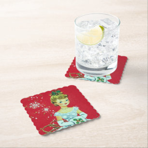 Dessous-de-verre En Papier Dessous de verre de fête de la femme de Noël Retro