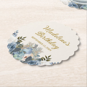 Dessous-de-verre En Papier Dusty Blue Blanc Floral Joyeux Anniversaire Nom