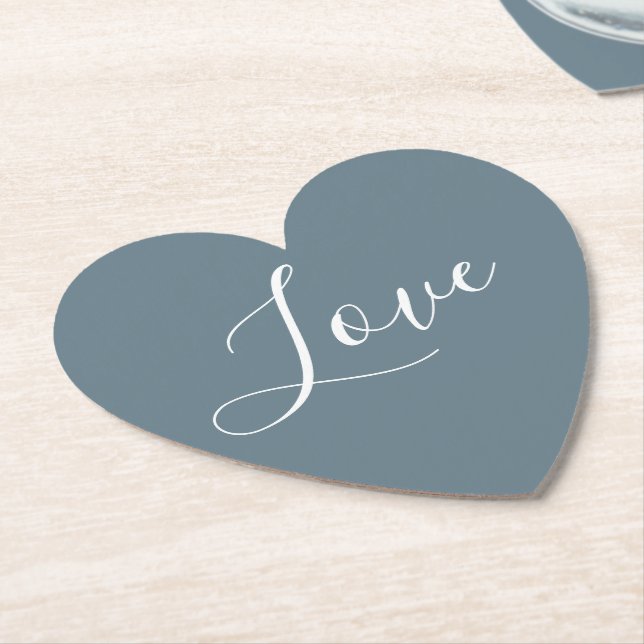 Dessous-de-verre En Papier Dusty Blue Heart White Love Script (Incliné)