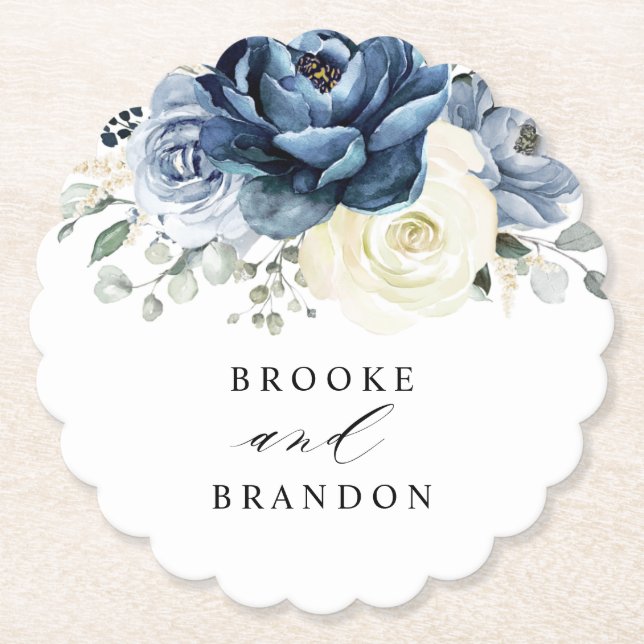Dessous-de-verre En Papier Dusty Blue Navy Champagne Ivory Floral Mariage (Devant)