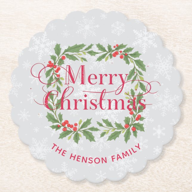 Dessous-de-verre En Papier Elegant Holly Wreath Snowflakes Merry Christmas (Devant)