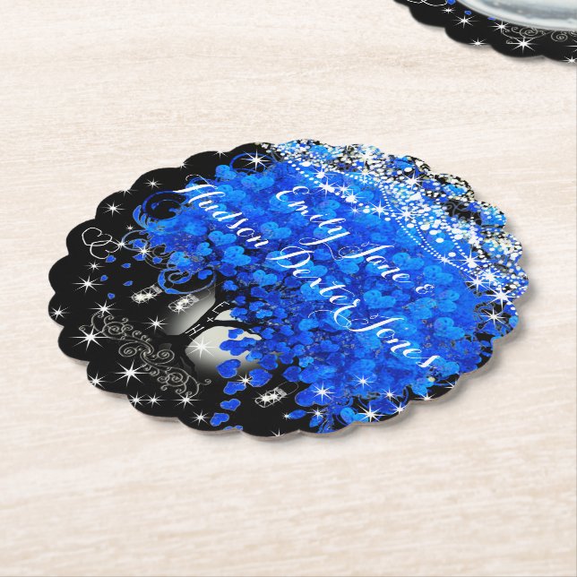 Dessous-de-verre En Papier Élégant Mariage de feuille de coeur bleu (Incliné)