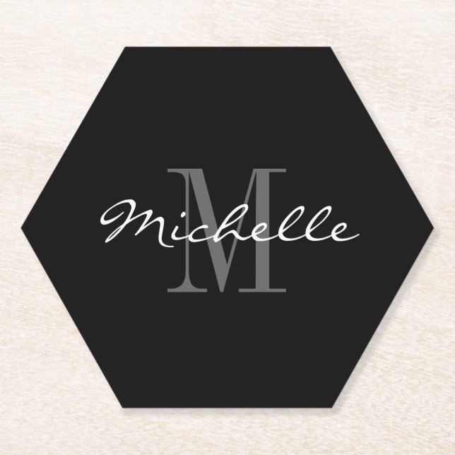 Dessous-de-verre En Papier Élégant monogramme octogonal noir et blanc (Devant)