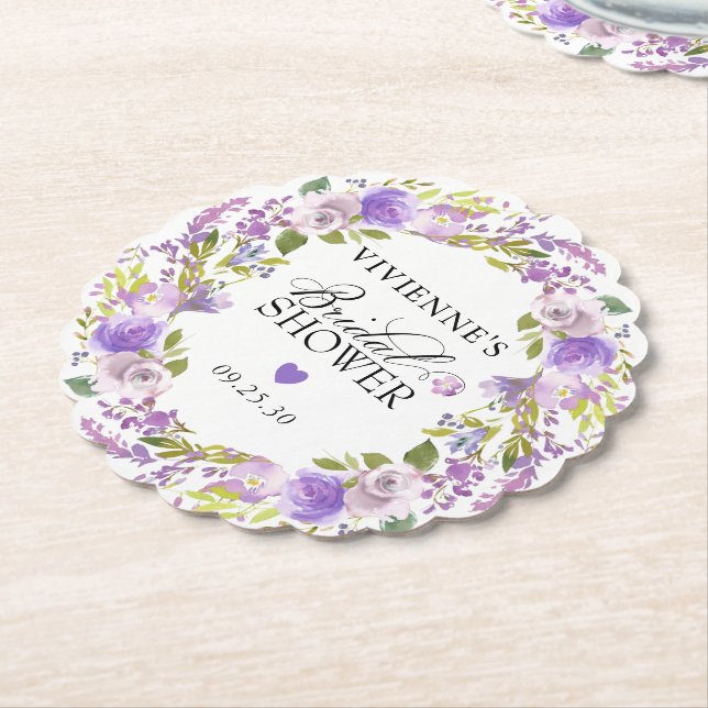 Dessous-de-verre En Papier Élégante Fête des mariées florale violette (Incliné)