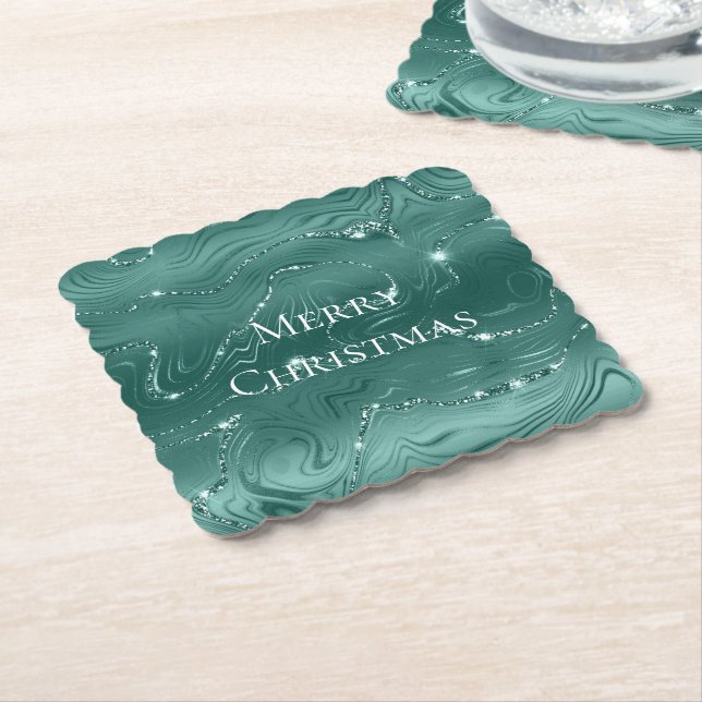 Dessous-de-verre En Papier Emerald Green Glitzy Marble Christmas (Incliné)