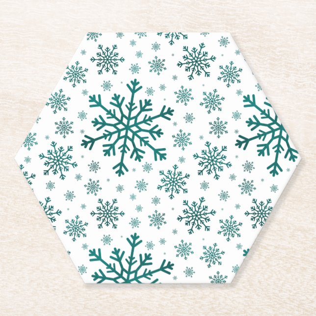 Dessous-de-verre En Papier Émeraude Vert Noël Snowflakes sur Blanc d'hiver (Devant)