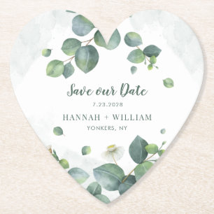 Dessous-de-verre En Papier Enregistrer notre Date Eucalyptus Green Script Suc