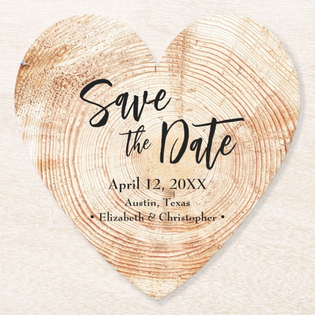 Dessous-de-verre En Papier Enregistrez la date Grain de bois Mariage Rustique (Devant)